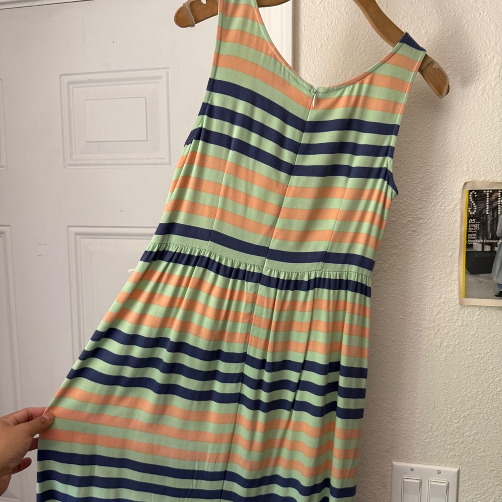 DUSEN DUSEN green navy orange striped rayon sleeveless midi dress - Picture 4 of 6